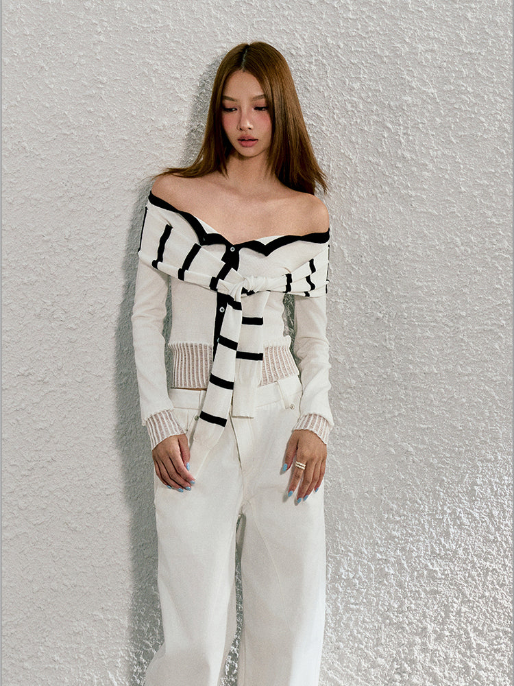 White Tie Detail Off-shoulder Knit Cardigan - CHINASQUAD