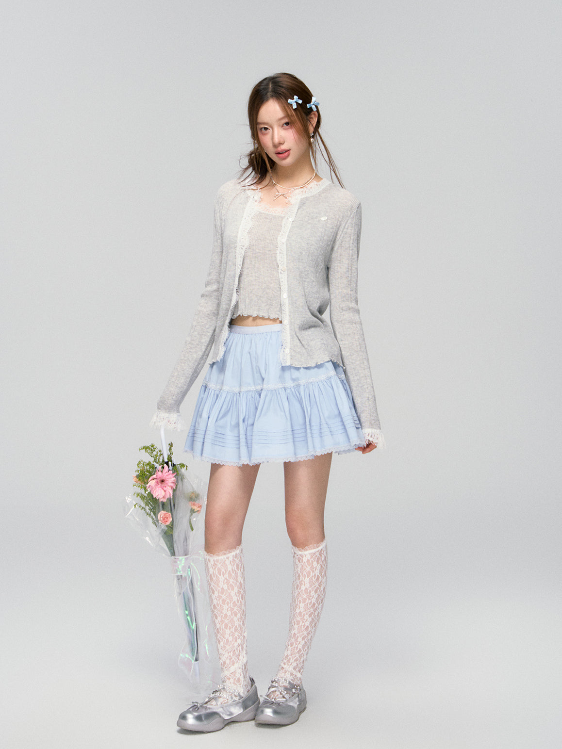 Blue Lace Trim Layered Skirt - CHINASQUAD