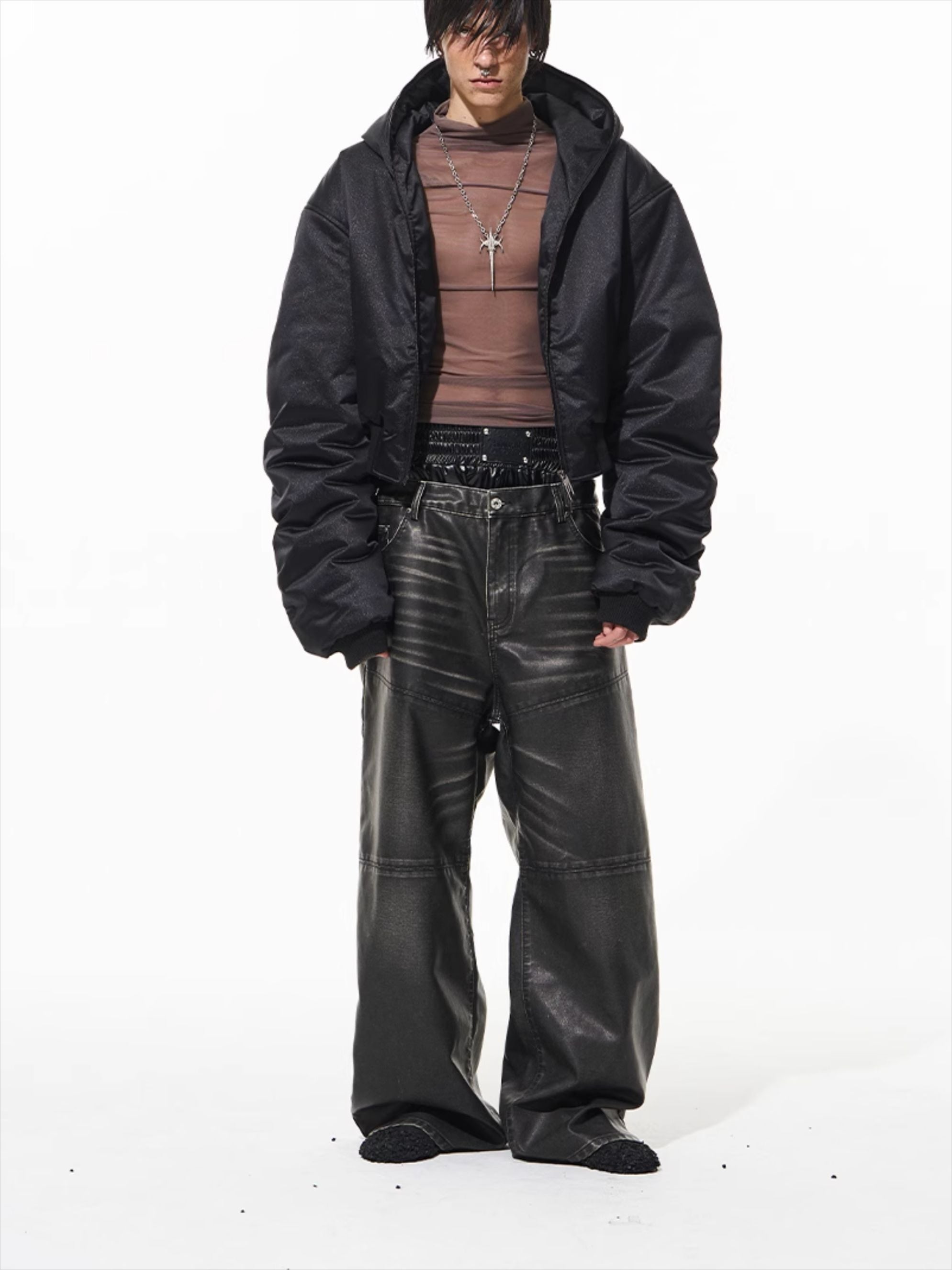 (Final Sale) Black Hooded Shimmer Logo Studded Puffer Jacket - CHINASQUAD