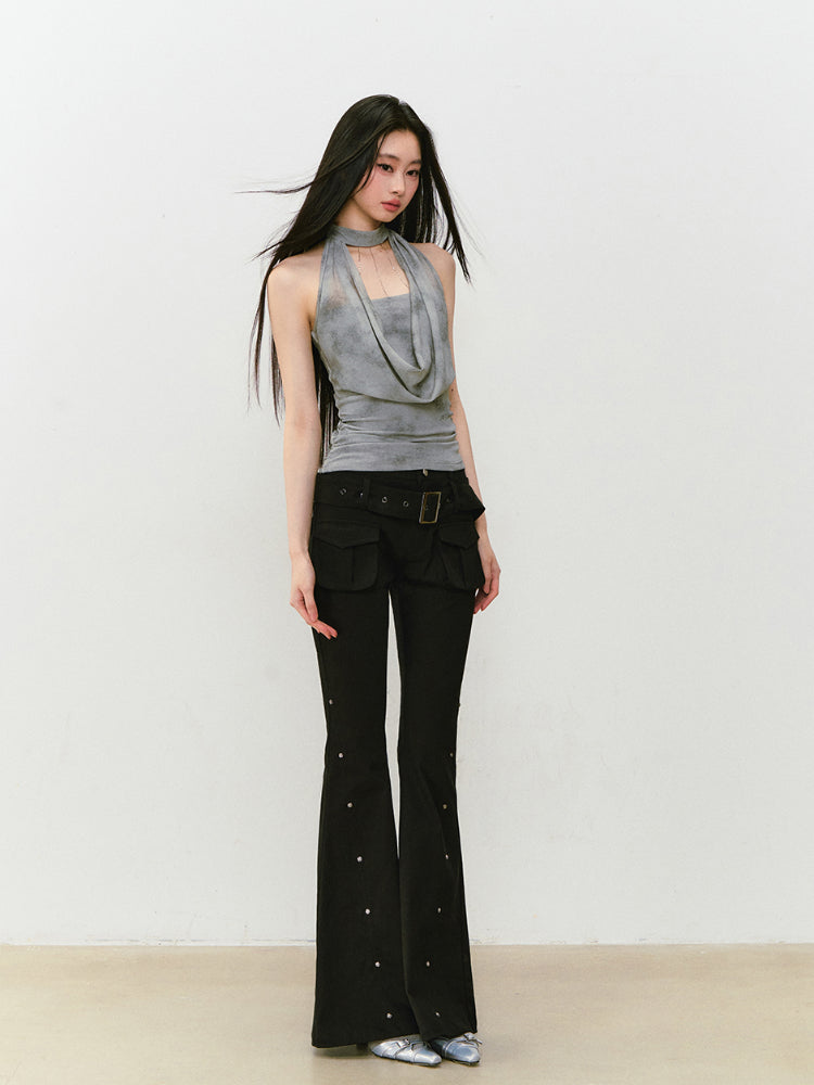 Rose Rivet Flared Cargo Pants - CHINASQUAD