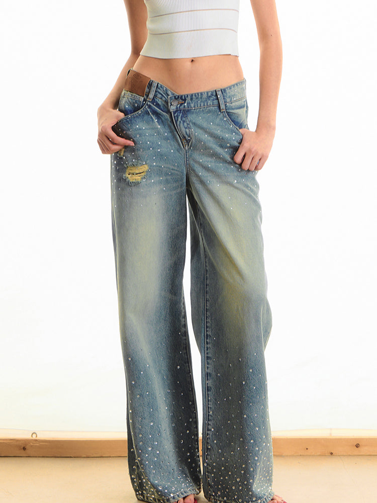 Washed Rhinestone Straight-Leg Wide-Leg Pants - CHINASQUAD