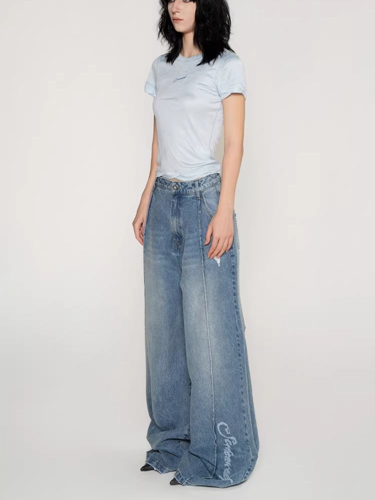 Laser Logo Seam Wide-Leg Denim Pants