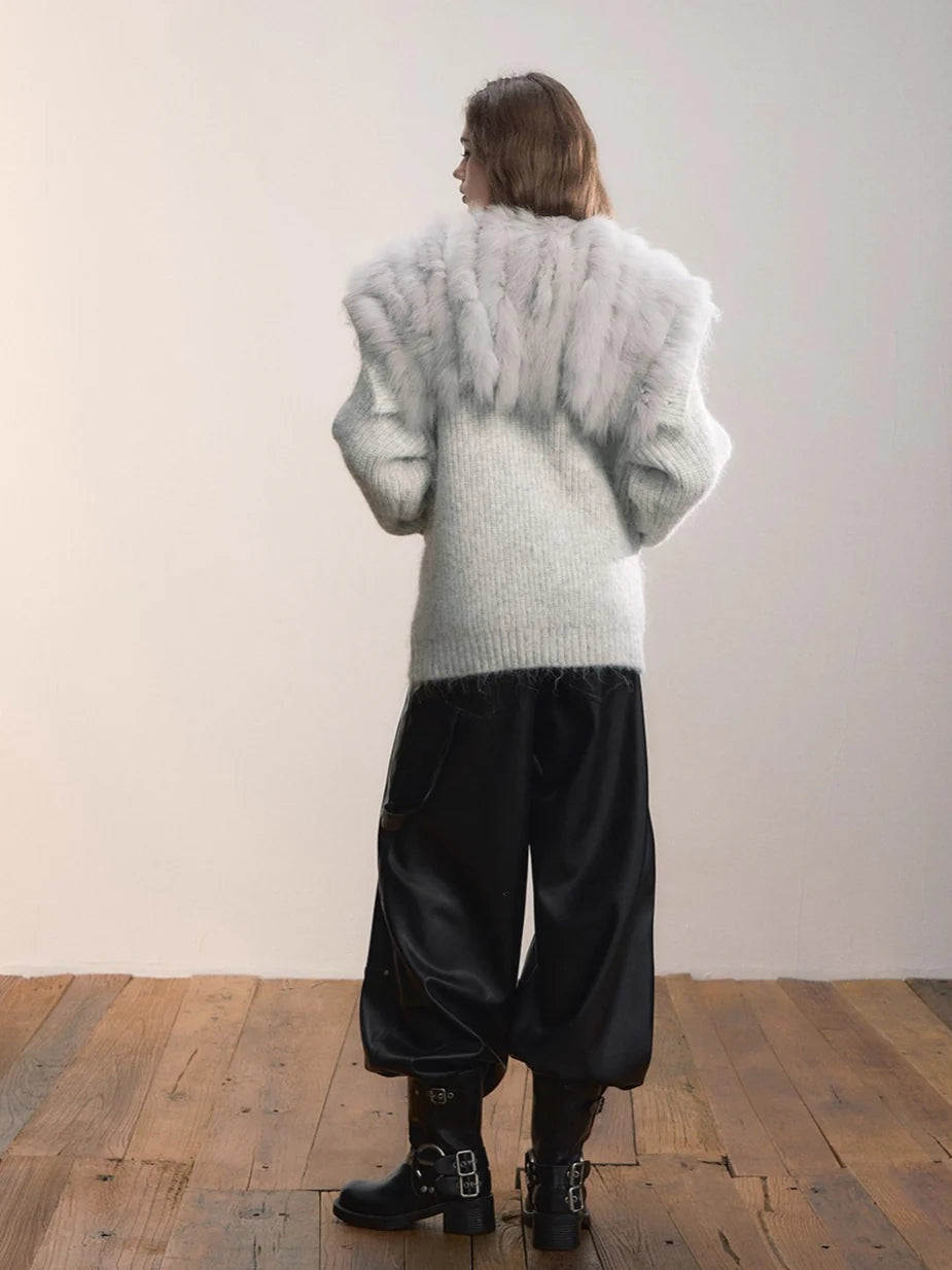 Fox Fur Collar Plush Knit Cardigan