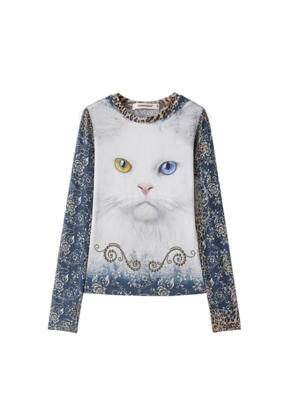 Cat Print Long-Sleeve Crewneck T-Shirt - CHINASQUAD