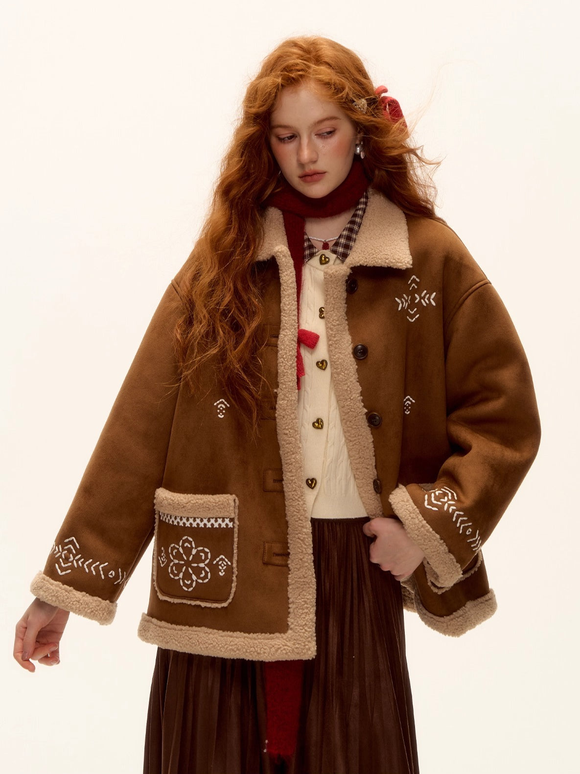 Heavy Embroidered Faux Shearling Suede Jacket