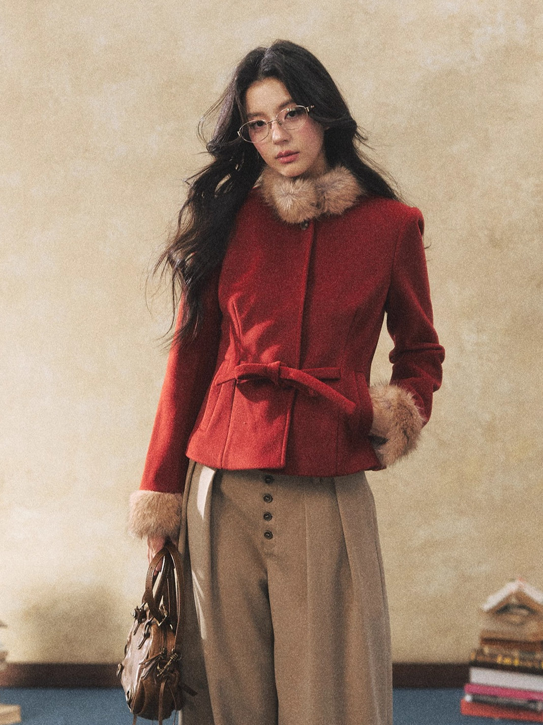 Two-Tone Tie-Detail Wool-Blend Jacket