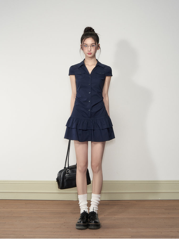 Waist-Cinching Elastic Short - Sleeve Shirt Dress - CHINASQUAD