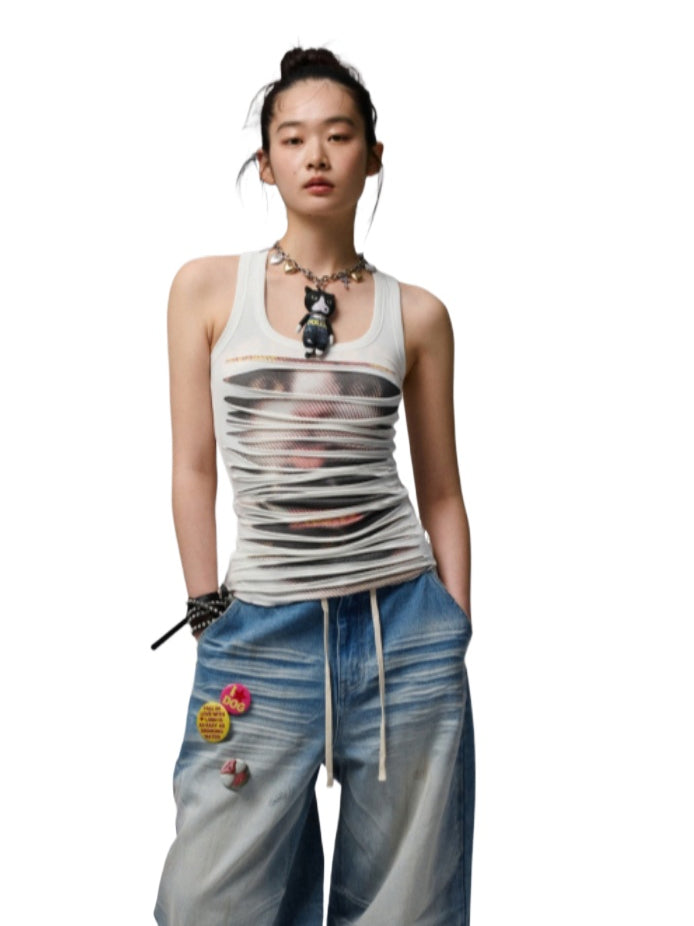 Irregular Hole-Ripped Double-Layer Halter Neck Tank Top - CHINASQUAD