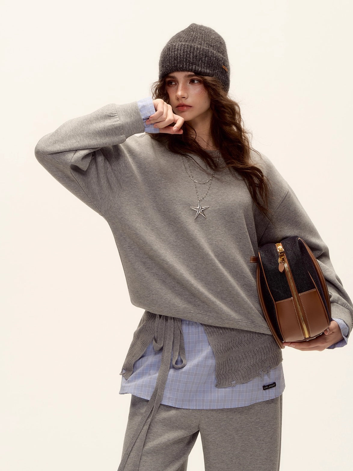 Patchwork Sweatshirt & Curved-Hem Knit Pants Set