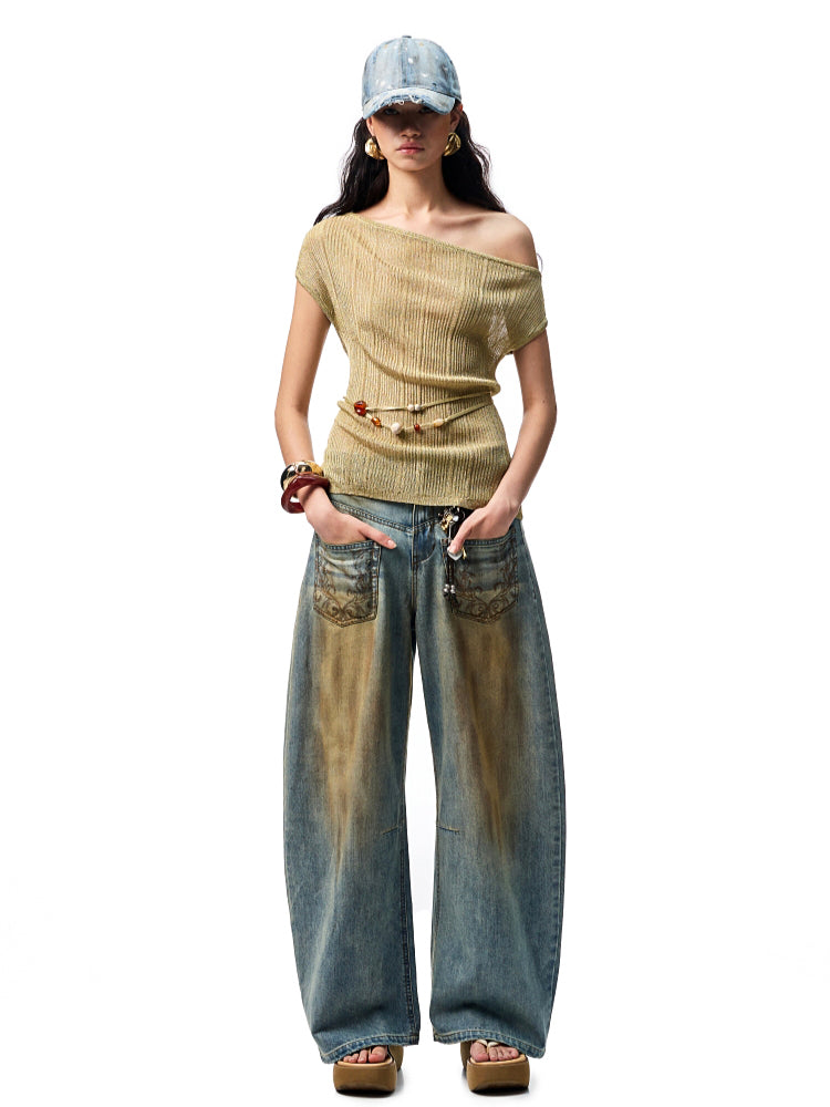 Asymmetric Shoulder Knit Short Sleeve T-shirt - CHINASQUAD