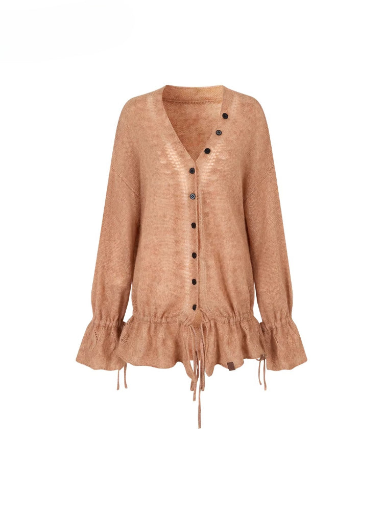 Drawstring Openwork Wool Knit Cardigan