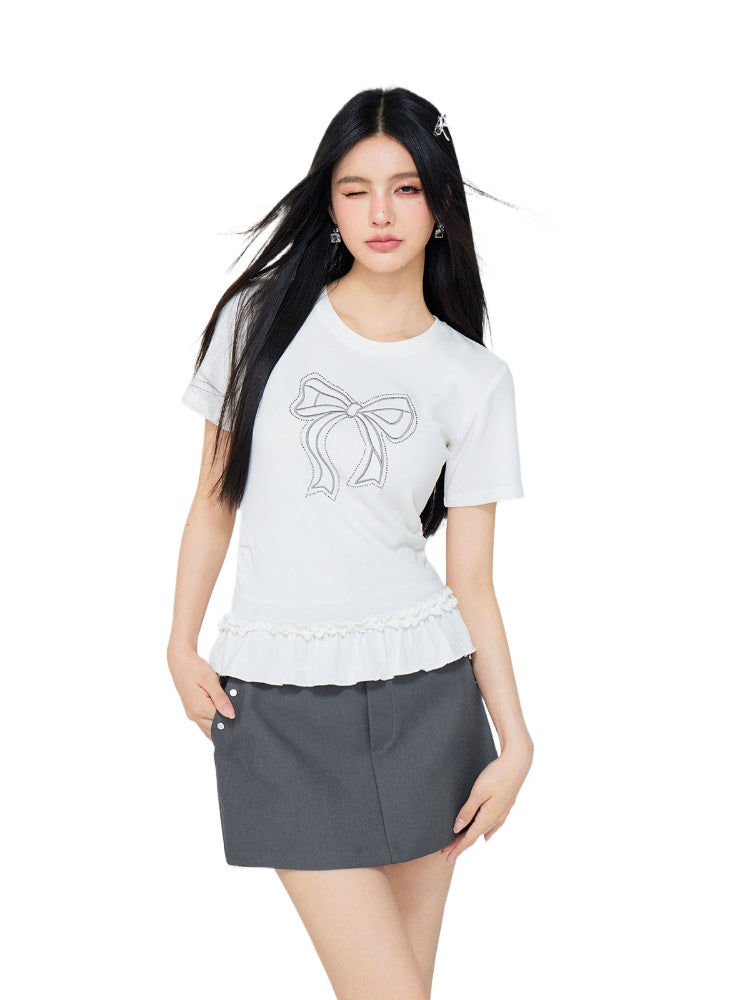 Ballet-style Bow-adorned Short sleeve Top - CHINASQUAD