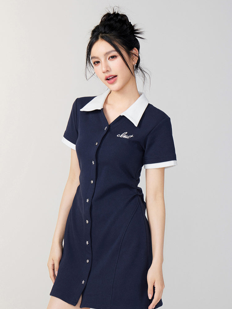 Color-Blocked Button-Up Waist Cinching Polo Dress - CHINASQUAD