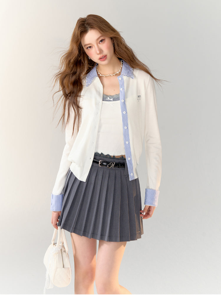 Gray Lace-Trimmed Pleated Suit Skirt - CHINASQUAD