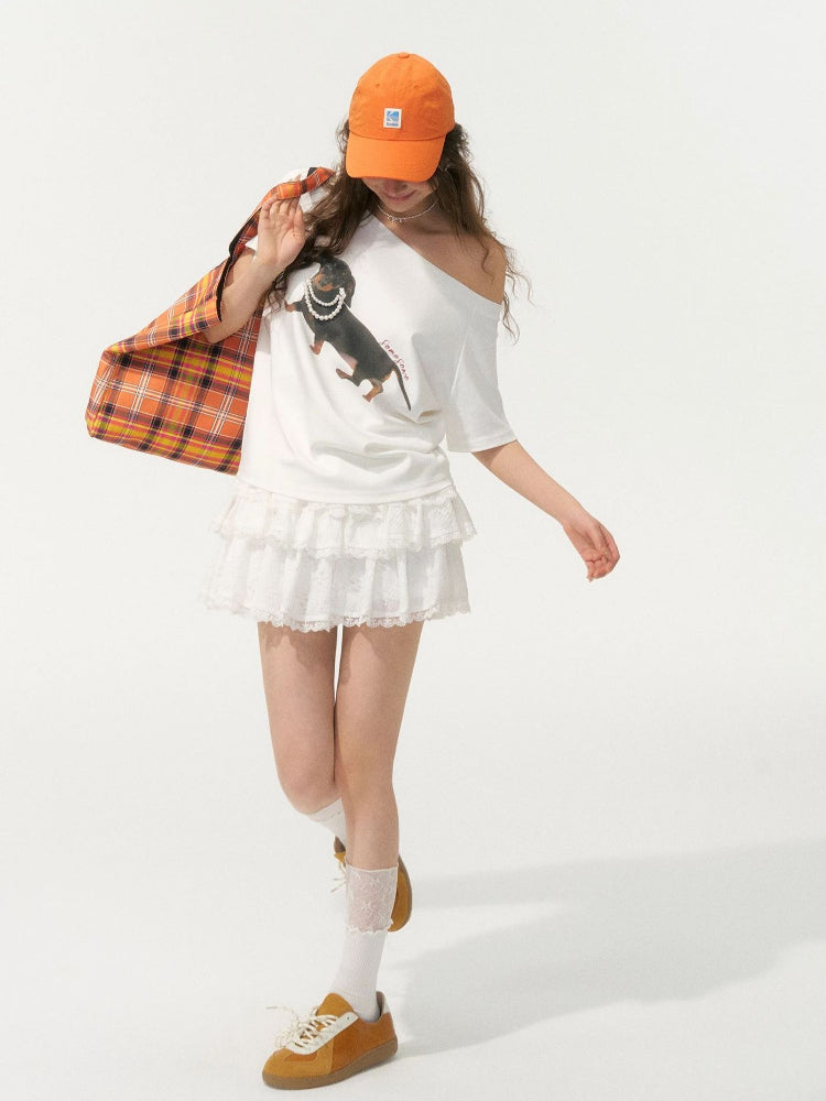 Off-Shoulder Pearl Embroidered Asymmetrical T-shirt - CHINASQUAD