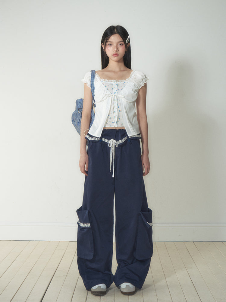 Fake Two-Piece Floral Lace Shirt Top - CHINASQUAD