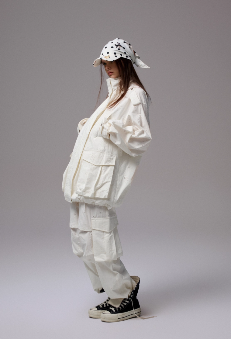 Embroidered Jacquard Multi-Pocket Stand-Collar Utility Jacket