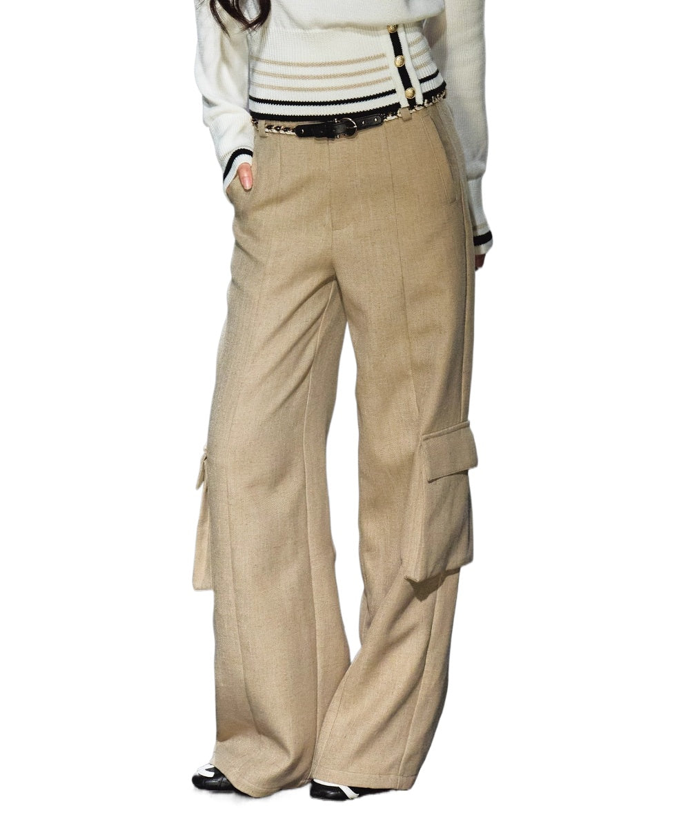 Tweed Braided Belt High-Waist Wide-Leg Pants - CHINASQUAD