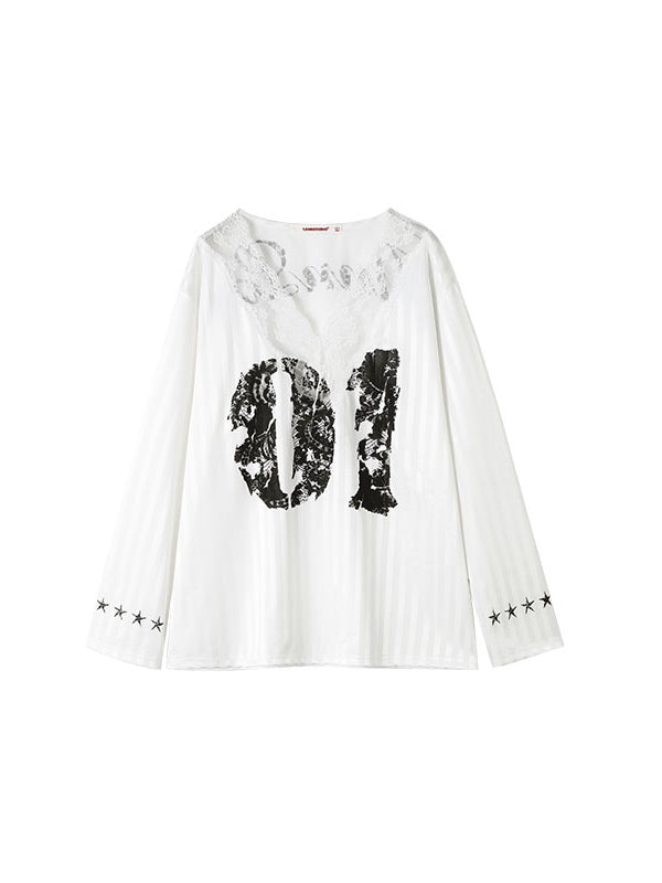 Black & White Lace-trimmed V-neck Satin Jersey - CHINASQUAD