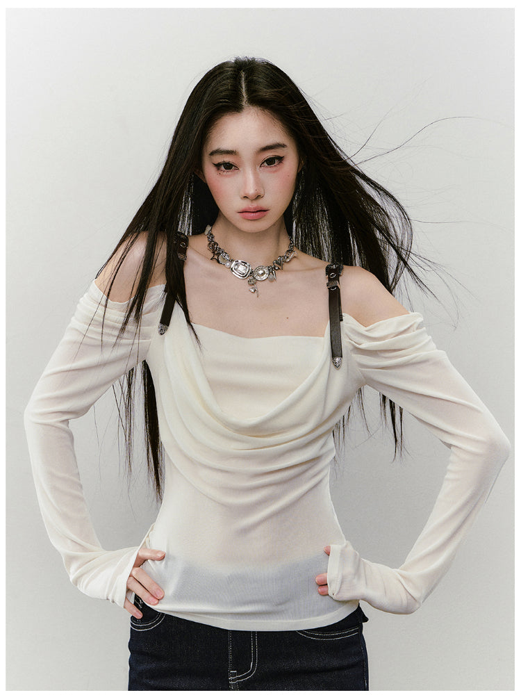Draped Neck Leather Strap Acetate One-shoulder T-shirt - CHINASQUAD