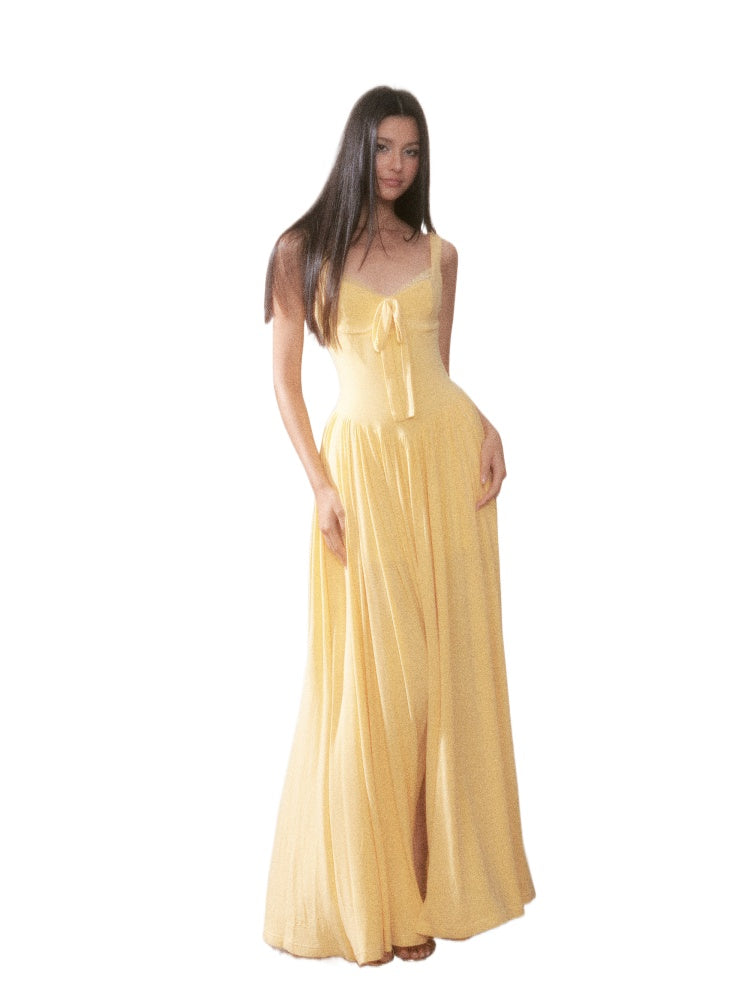 Lace Knit Spaghetti Strap Slit Long Dress - CHINASQUAD