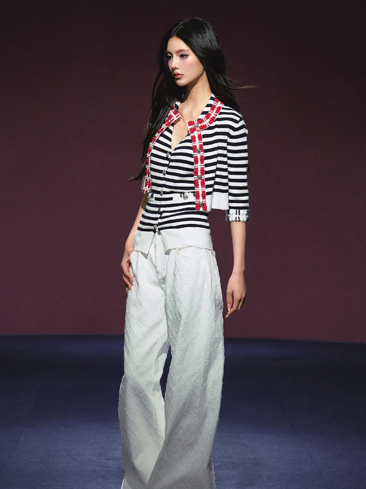 Contrast Stripe Halter Camisole Tank Top & Cardigan Set - CHINASQUAD