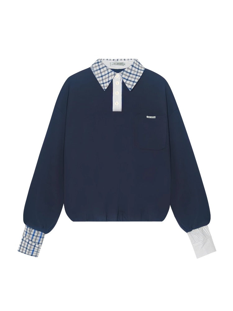 Fake Two-Piece Checkered Shirt Panel Sweatshirt - CHINASQUAD