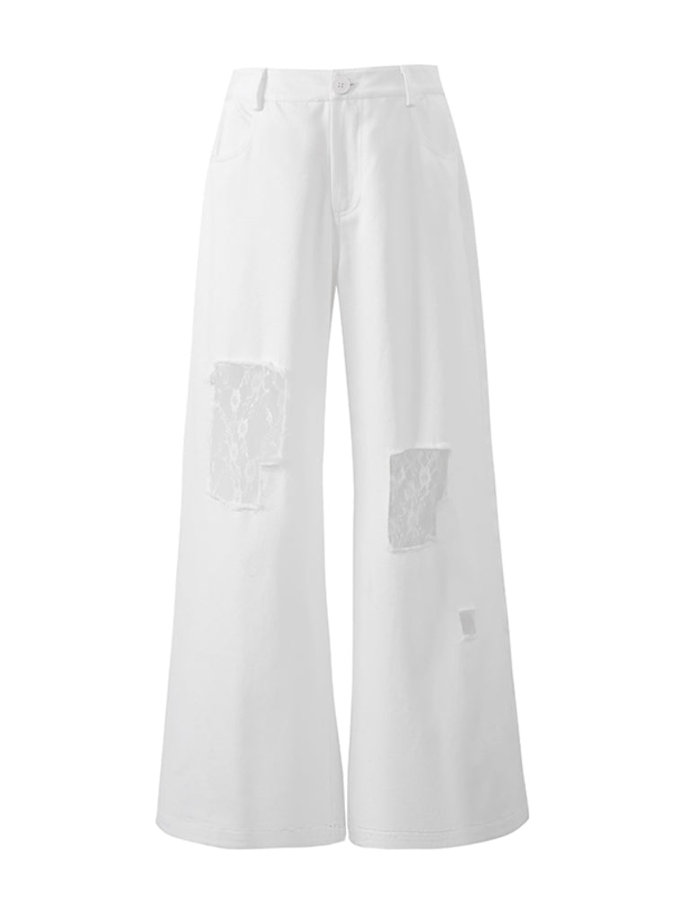 White Lace Splicing Denim Wide-Leg Pants - CHINASQUAD