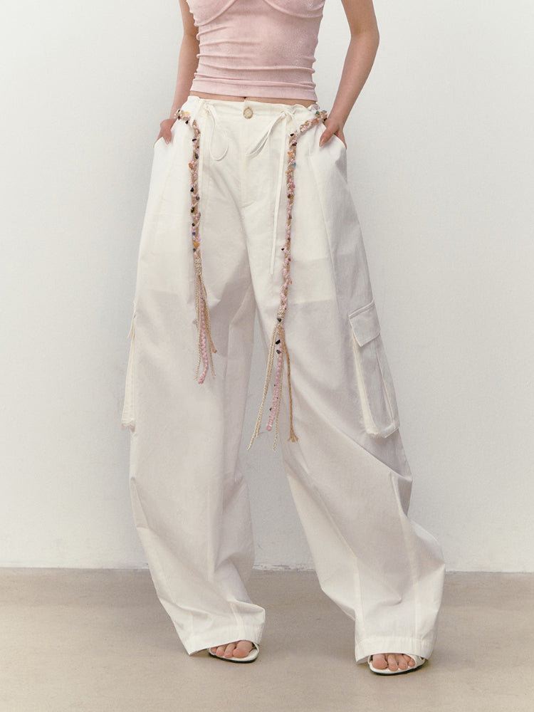 Wide-Leg Beaded Cargo Large Pockets Pants - CHINASQUAD