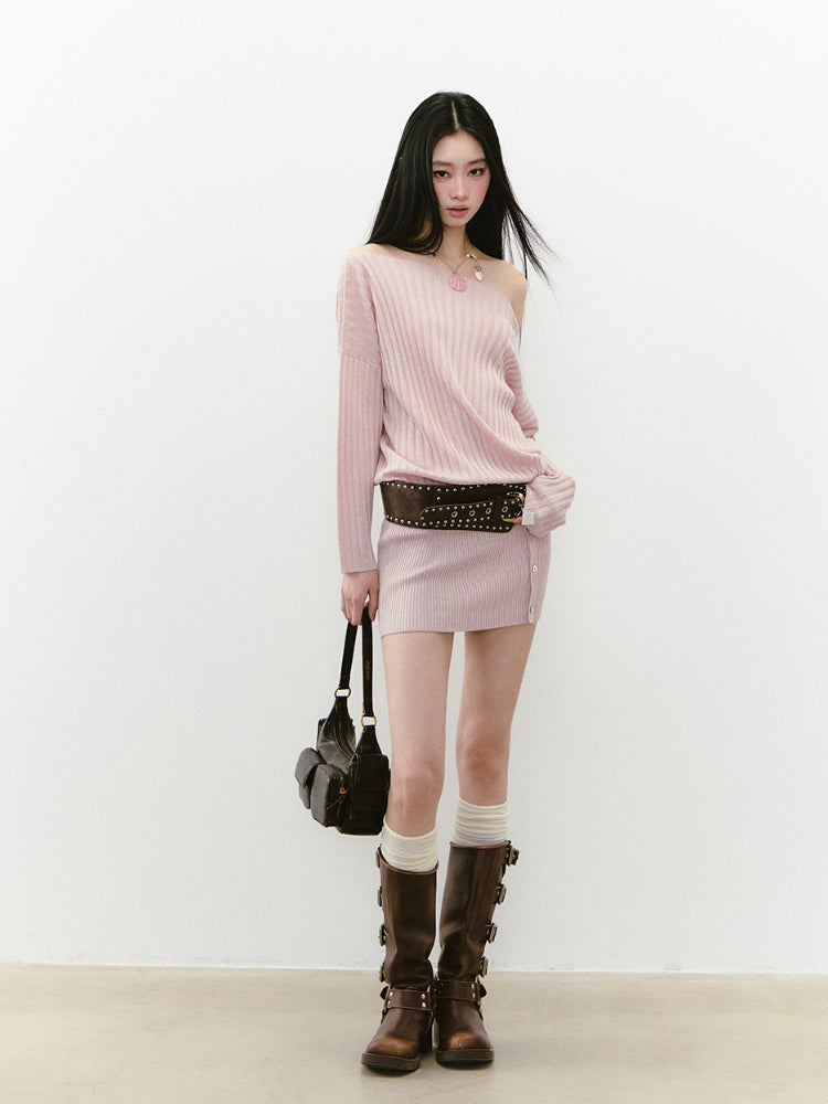 Off-Shoulder Slant Shoulder Button Dress - CHINASQUAD