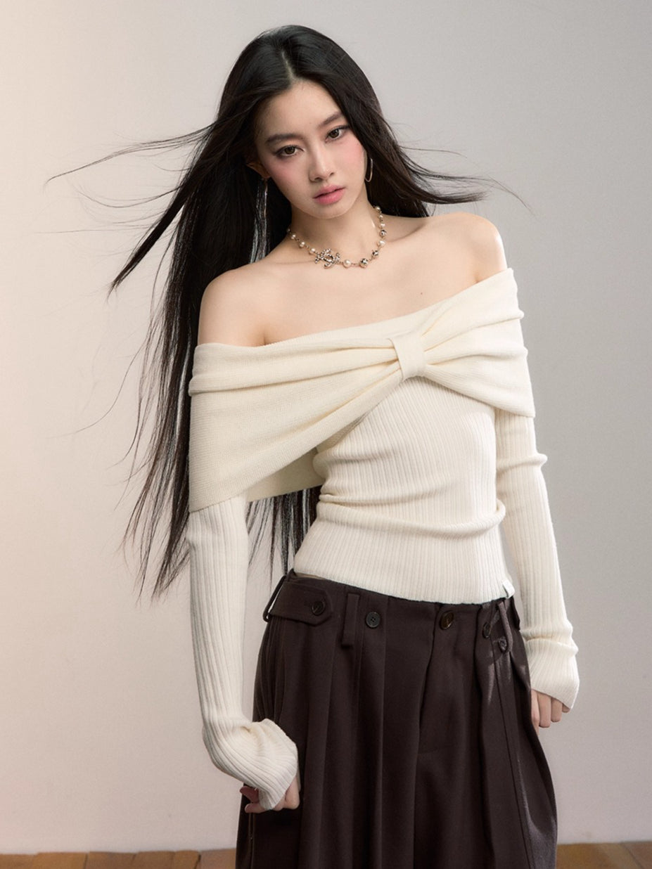 Off-Shoulder Bow Detail Knit Crewneck