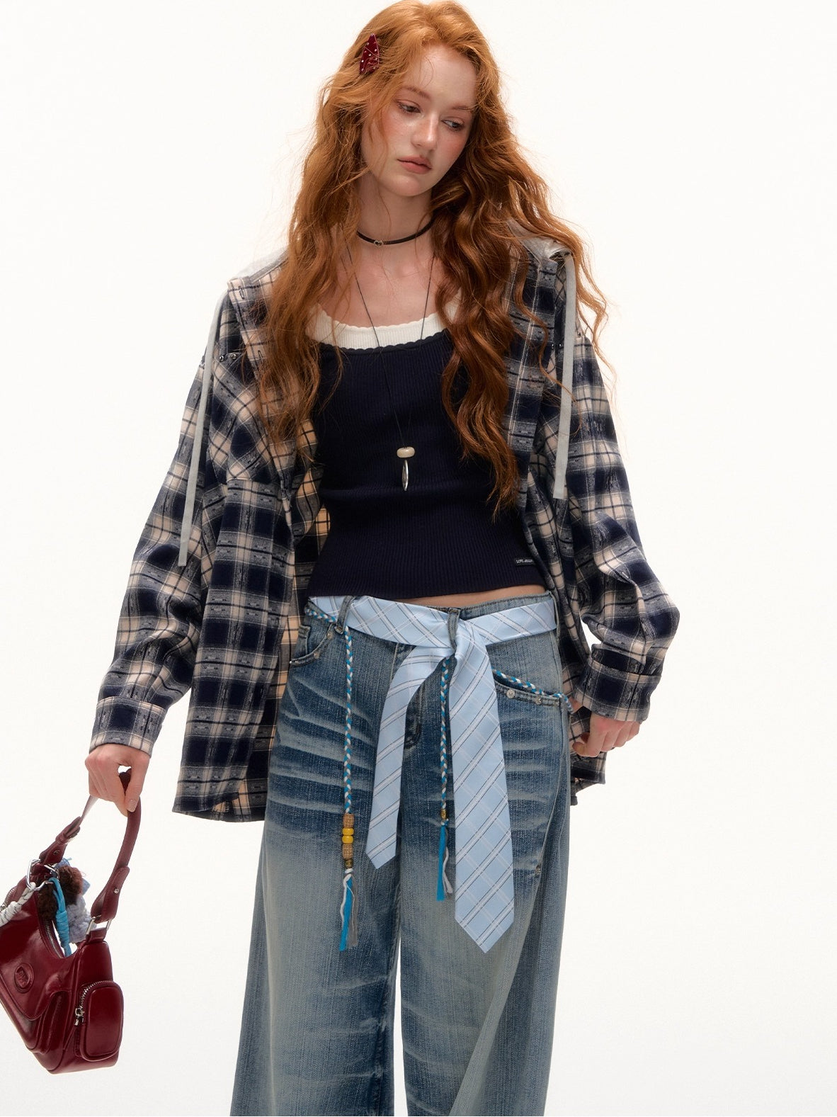 Vintage Plaid Contrast Hooded Shirt - CHINASQUAD