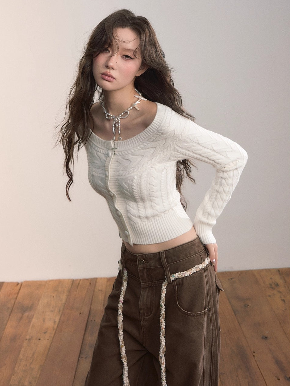 Off-Shoulder Cable Knit Cardigan - CHINASQUAD