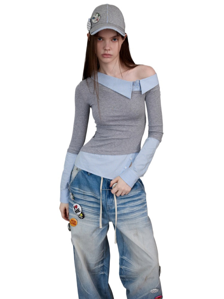 Asymmetric Collar Fake Two-Piece Fitted Blouse - CHINASQUAD