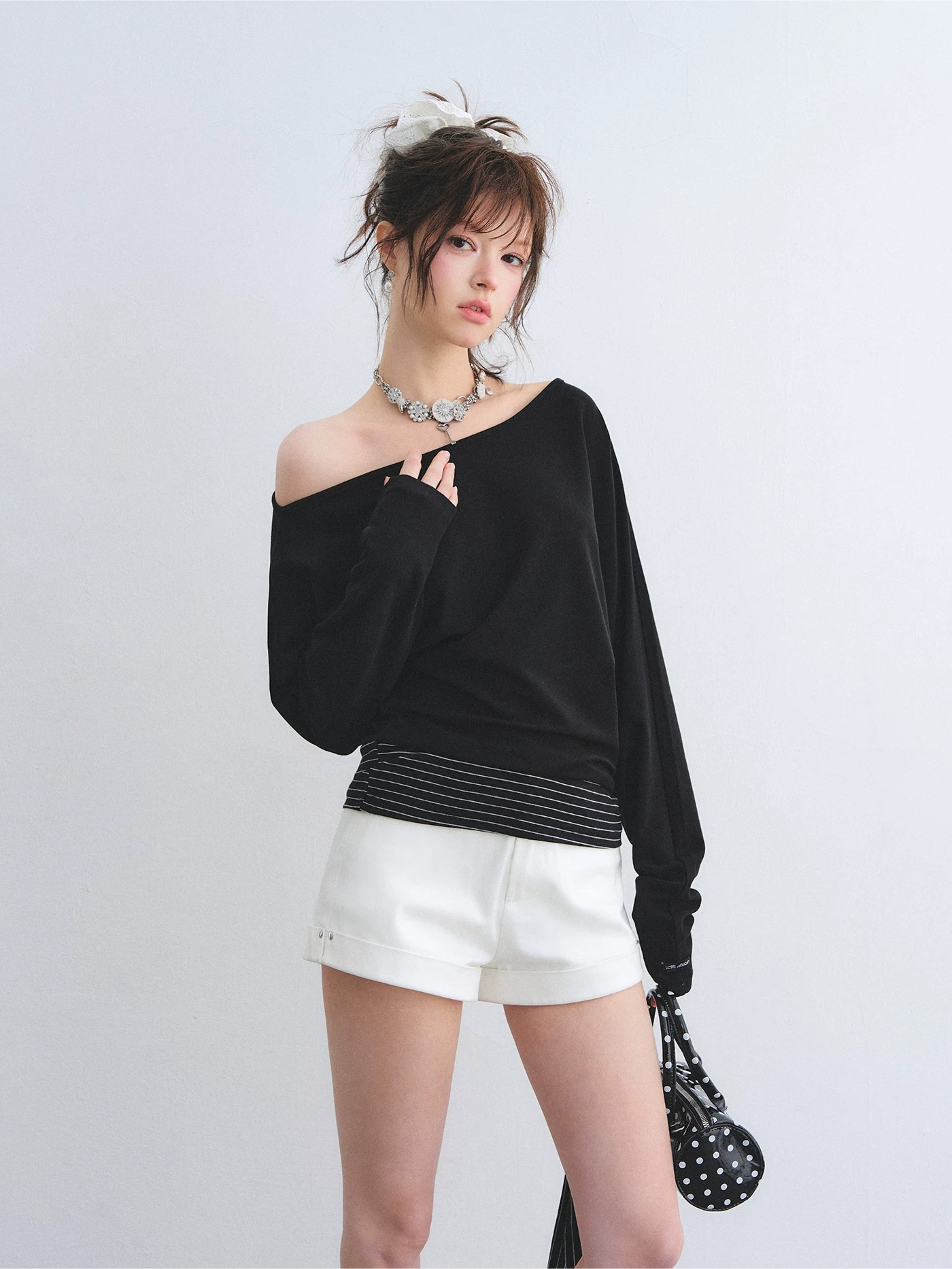 Asymmetric Batwing Sleeve Striped Tie-Hem Long Sleeve Top
