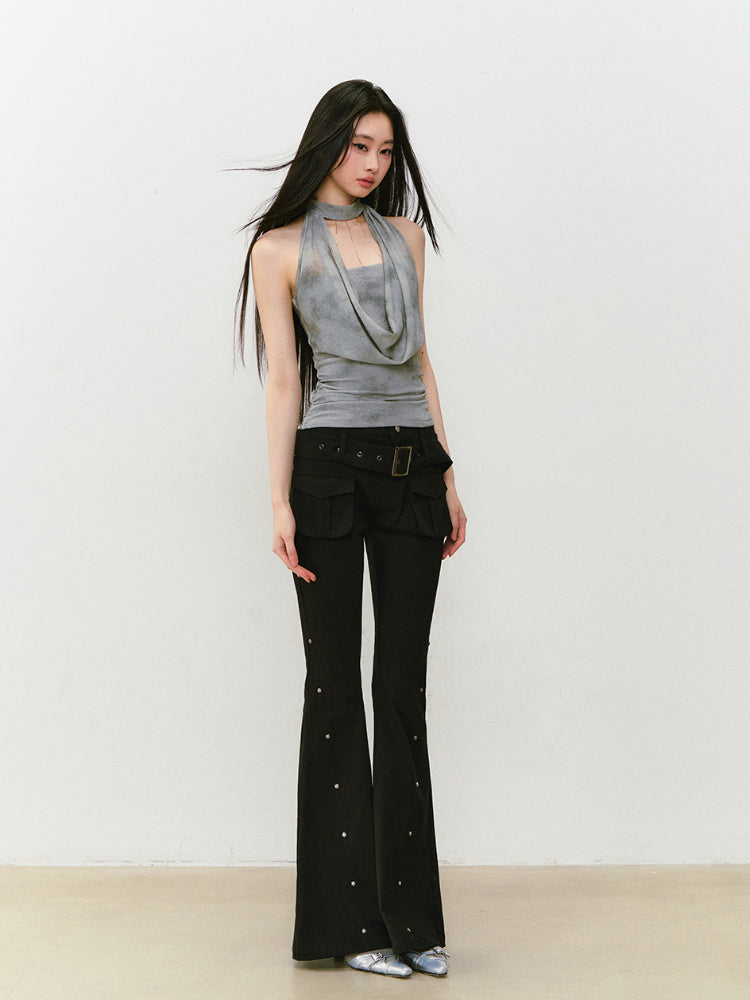 Chain Swing-neck Halter Neckline-gathered Waist Tank Top - CHINASQUAD