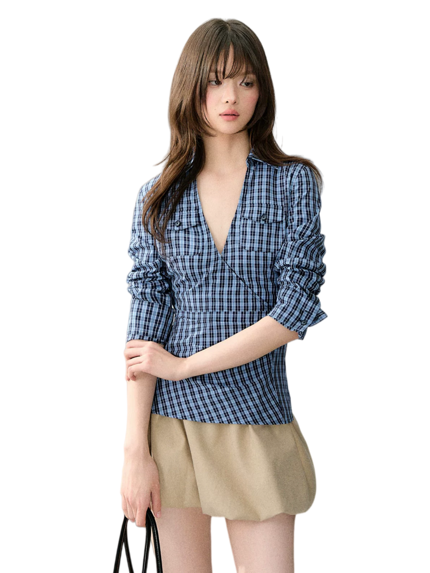 Wrapped V-Neck Plaid Shirt