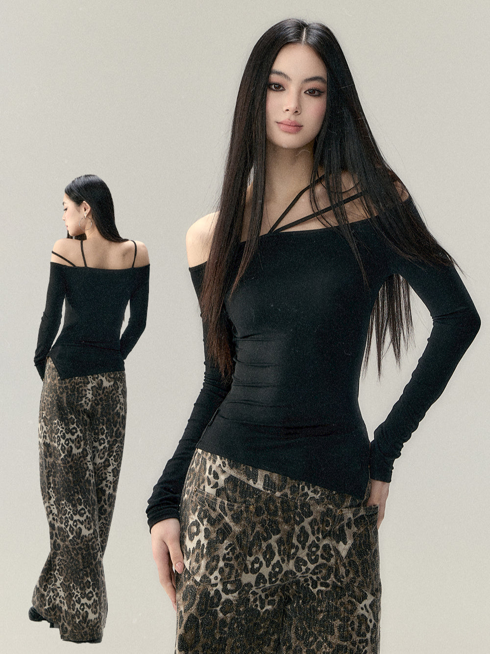 Multi-Strap Off-Shoulder Long Sleeve T-shirt - CHINASQUAD