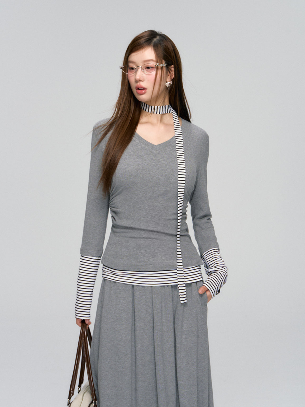 Striped Layered V-neck Knit & Skirt Set - CHINASQUAD