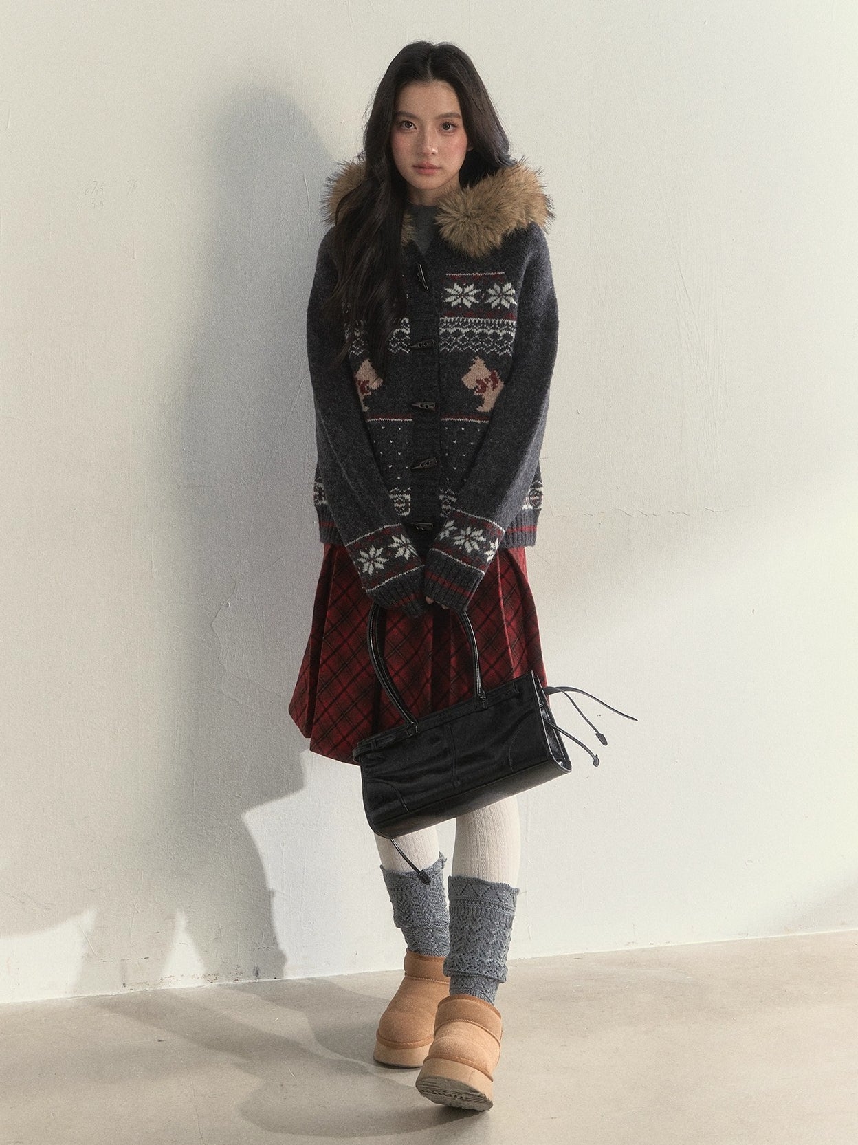 Charcoal Fair Isle Puppy Faux Fur Collar Knit Jacket