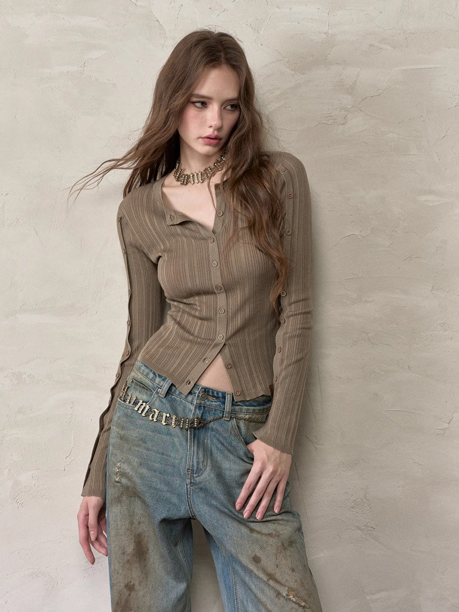 Button-Down Waist-Cinched Lyocell Knit Cardigan - CHINASQUAD