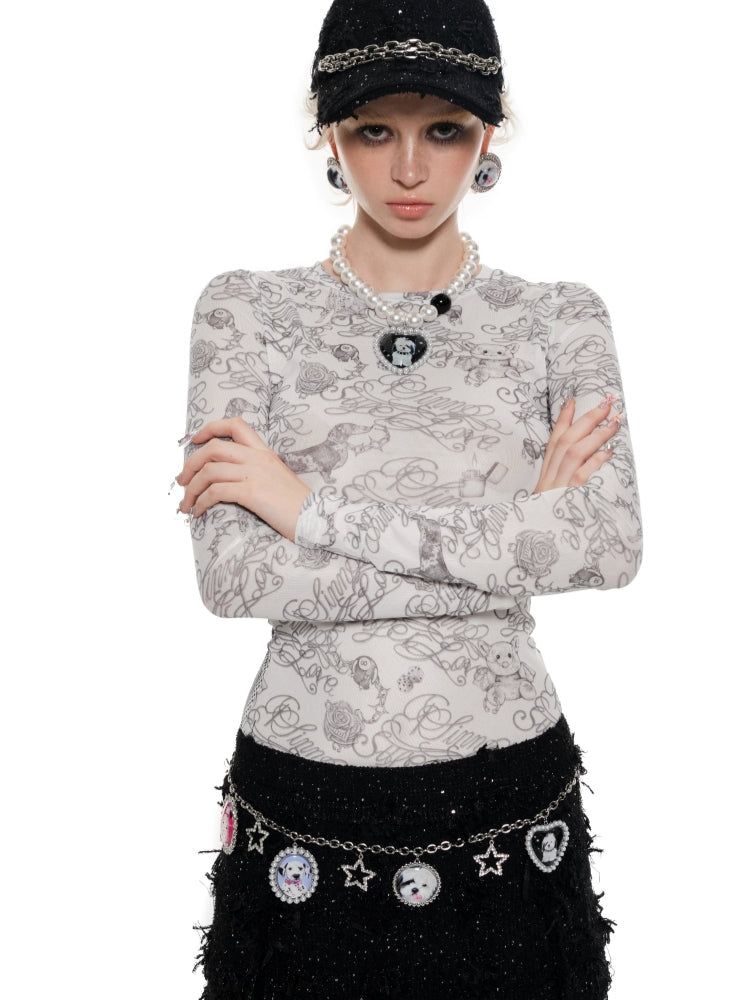 Black & White Full-Print Mesh Top - CHINASQUAD