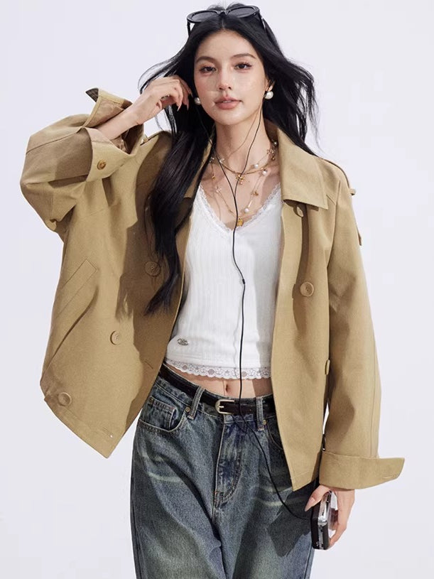 Plaid Patchwork Double-Breasted Short Jacket