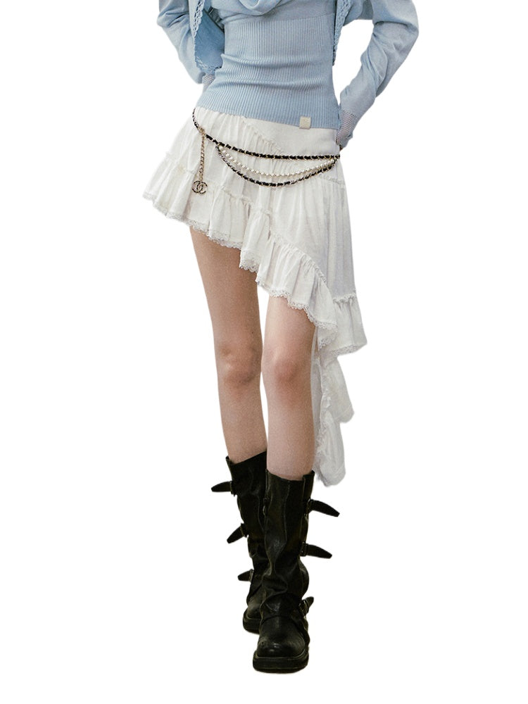 Irregular Hem Ribbon Lace Midi Skirt - CHINASQUAD