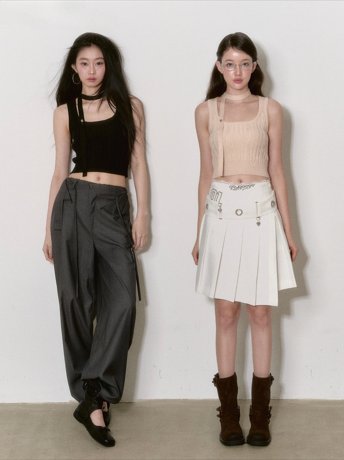 Black & Beige Ribbon Knit Tank Top - CHINASQUAD
