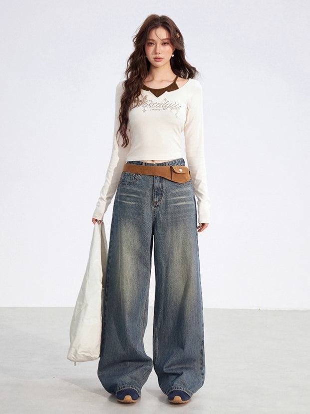 Leather-Patch Wide-Leg Cotton Jeans - CHINASQUAD