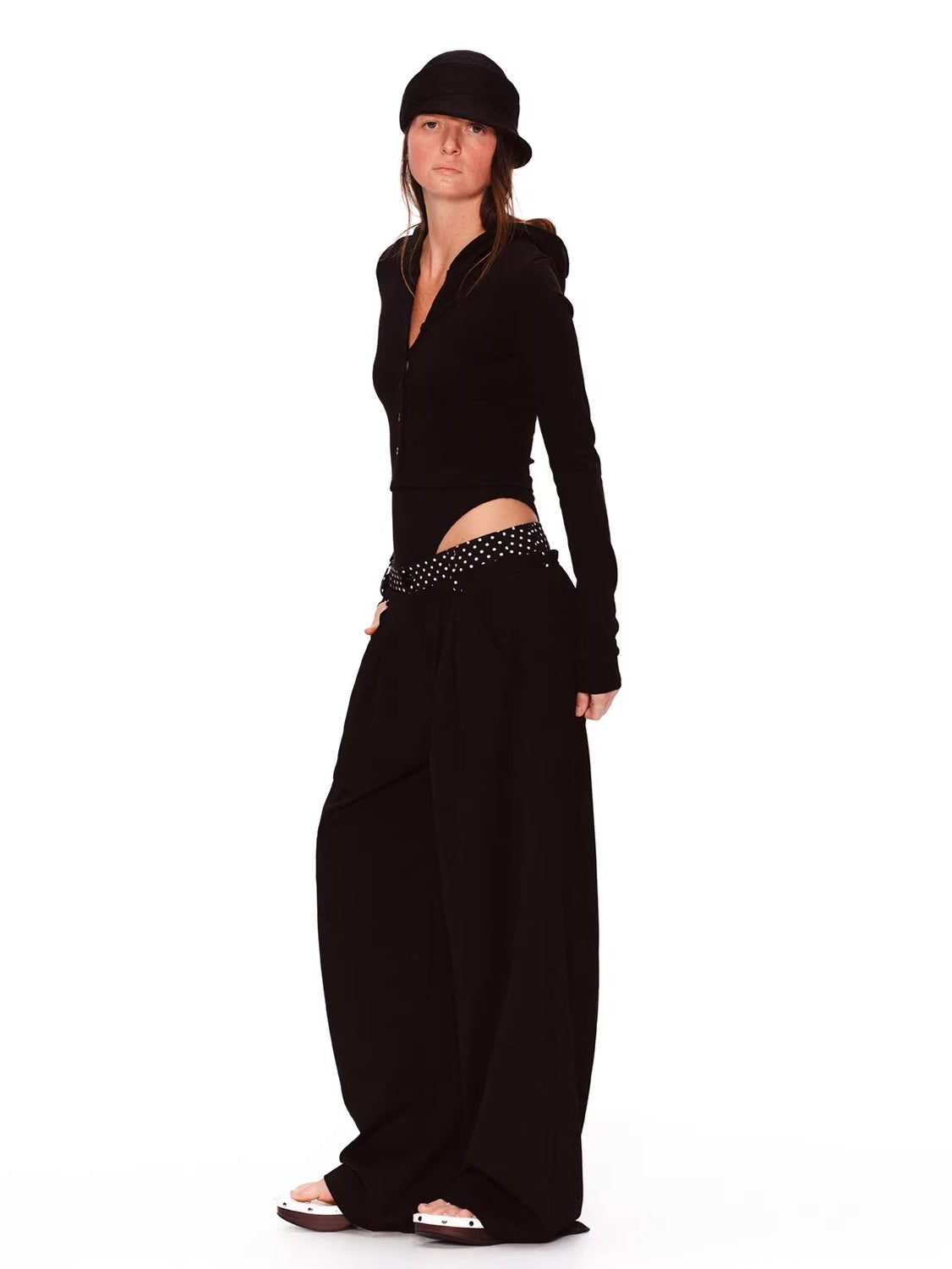 Double-Waist Polka Dot Wide-Leg Trousers