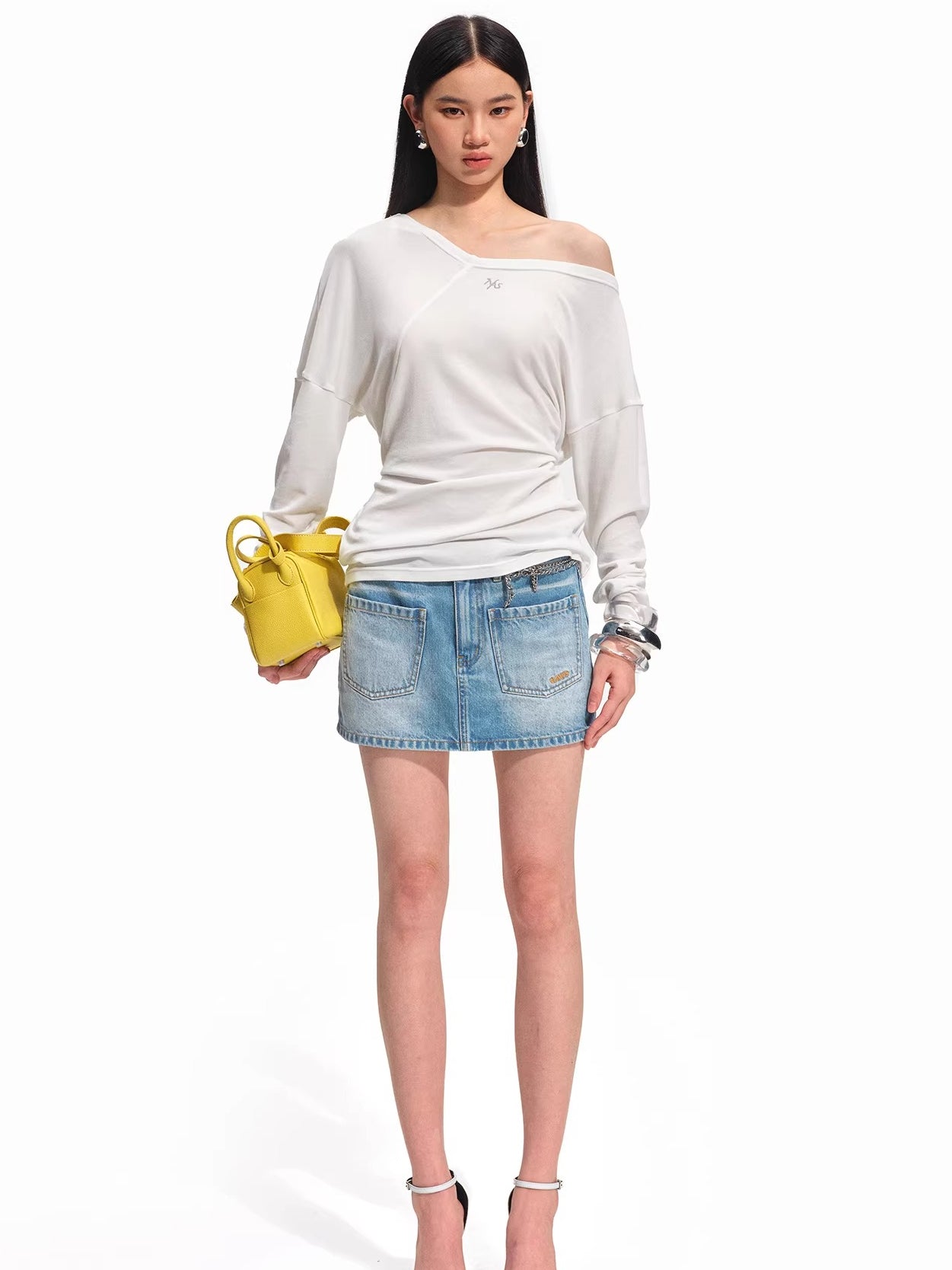 Asymmetric Off-Shoulder Wool-Lyocell Knit Tee