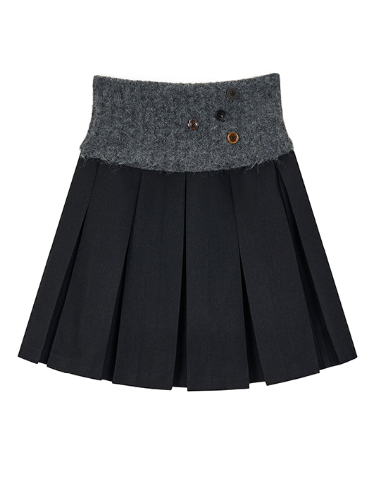 Patchwork Button Wool Pleated Skirt - CHINASQUAD