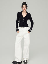 Navy Collar Ribbed Knit Cardigan  - CHINASQUAD